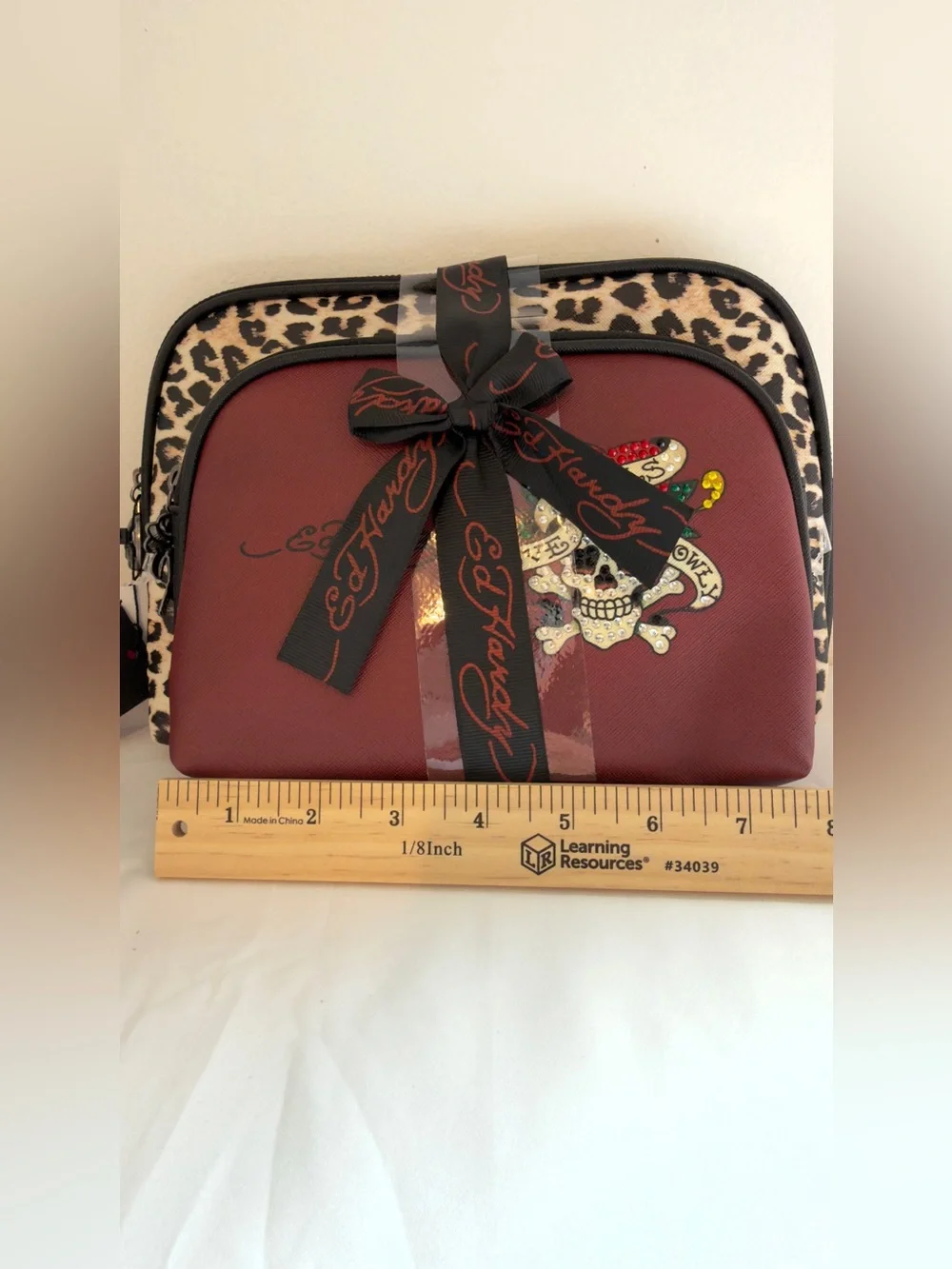 Ed Hardy Cosmetic Bag with Leopard Trim and Skull Patch 2pc Set